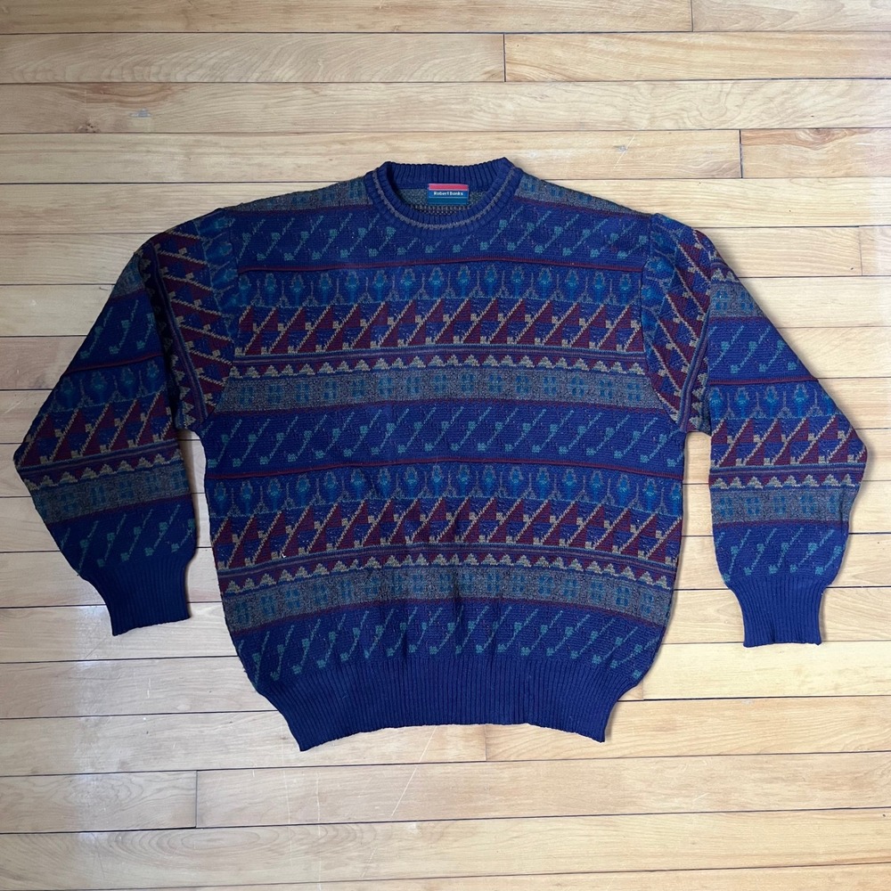 Vintage Robert Banks Navy Blue Golf Fair Isle Knit Sweater Mens Large